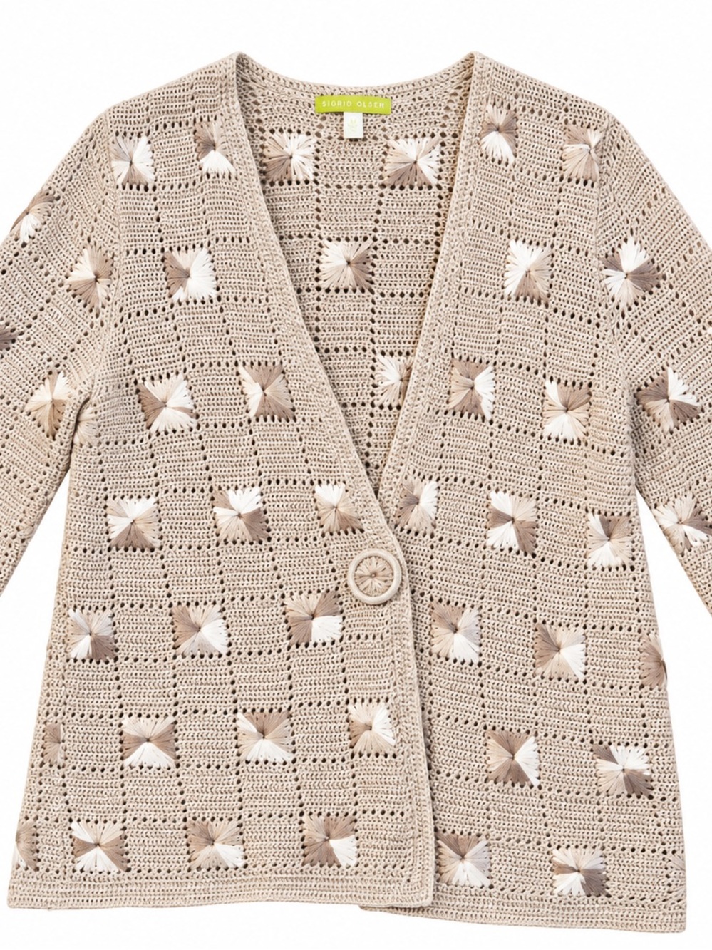 Vintage Sigrid Olsen 100% Cotton Beige Crochet Button-Front Sweater Cardigan
